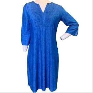 Reba Blue 100% Cotton Chambray Shift  Dress Sz S Pleated Bodice V-Neck #257A